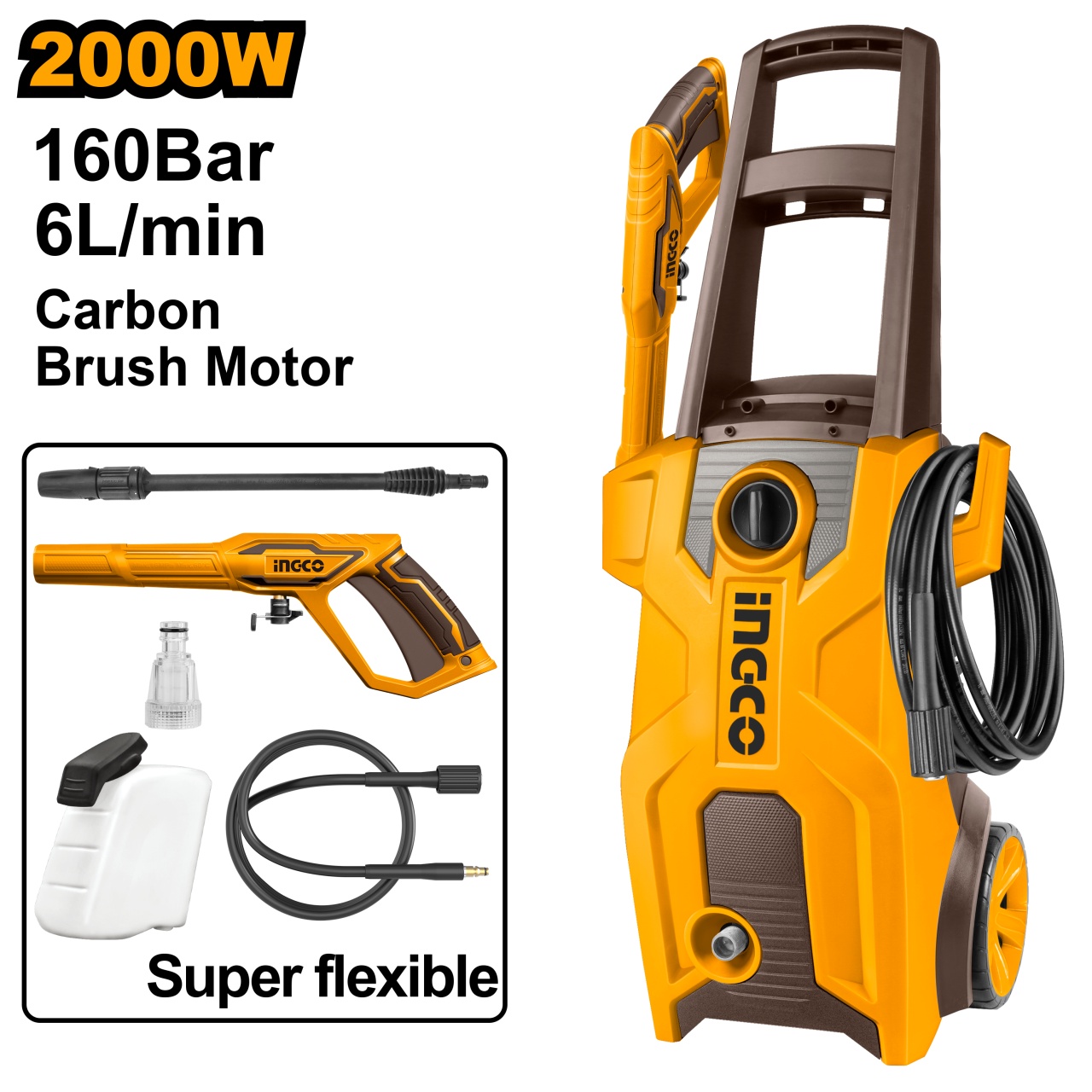 Aparat de Spalat cu Presiune 2000W 160 Bar Profesional pentru Curatare Auto si Pavaj INGCO HPWR20018