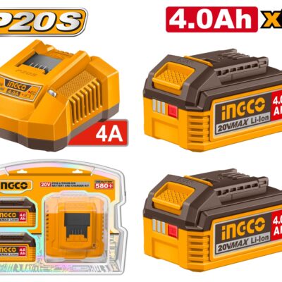 Baterie Acumulator 20V 4Ah Set 2 buc cu Incarcator INGCO FBCPK2013E Li-Ion P20S, Autonomie Mare si Incarcare Rapida pentru Scule Profesionale