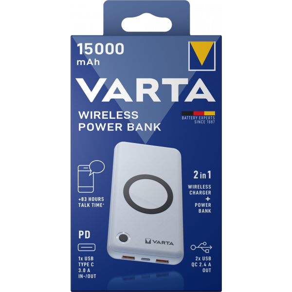 Baterie Externa Wireless Varta Energy, 15000mAh, 18W, QC + PD + FQI, 1 x QI – 1 x USB-C – 2 x USB-A, Alba