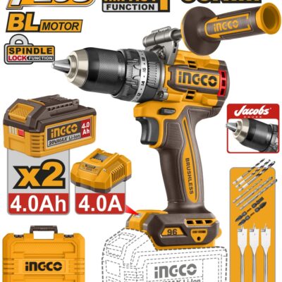 Bormasina cu Impact INGCO CIDLI209686E 20V Brushless, Cuplu 96Nm, 2 Acumulatori 4Ah, Mandrina Metalica 13mm si Accesorii Incluse