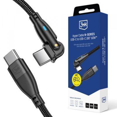 Cablu Date si Incarcare USB-C – USB-C 3MK Hyper N Angled, 60W, 2m, Negru