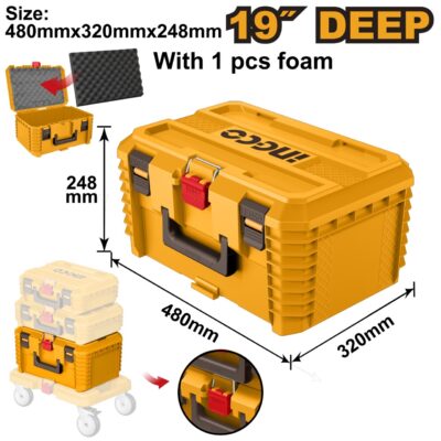 Cutie Depozitare Modulara 19 Inch INGCO PBXS103, 48x32x25cm, Stivuibila, cu Burete Interior si Sarcina Maxima 25kg pentru Scule