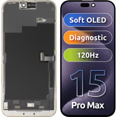 Display cu Touchscreen MP compatibil cu Apple iPhone 15 Pro Max, cu Rama, Versiune Soft OLED FHD 120Hz Diagnostic, Negru