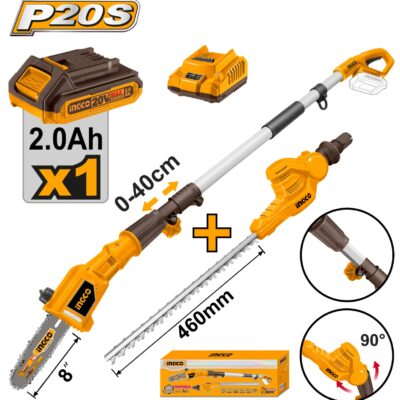 Fierastrau de Pomi Telescopic 20V 2.4m 2 in 1 INGCO CPTS201681 cu Lant si Foarfeca Gard Viu, Acumulator si Incarcator Inclus
