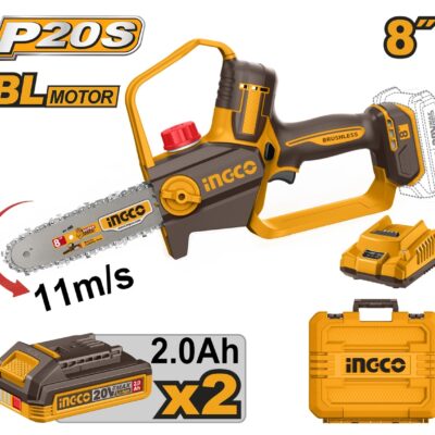 Fierastrau Mana 20V 20cm INGCO CGSLI20882E cu 2 Acumulatori 2Ah si Incarcator, Motor Brushless si Lubrifiere Automata pentru Gradina si Lemn