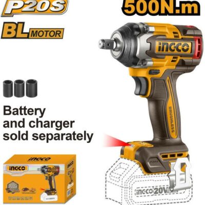 Filetanta cu Impact 20V Brushless 1/2 500Nm INGCO CIWLI20501 pentru Auto si Constructii, Fara Acumulator si Incarcator