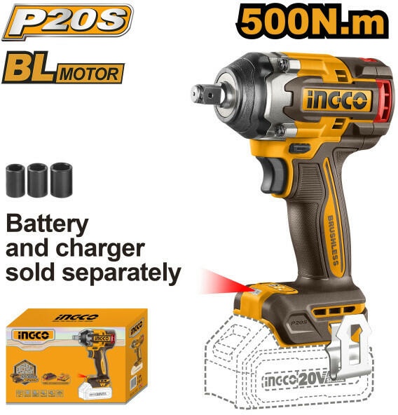 Filetanta cu Impact 20V Brushless 1/2 500Nm INGCO CIWLI20501 pentru Auto si Constructii, Fara Acumulator si Incarcator