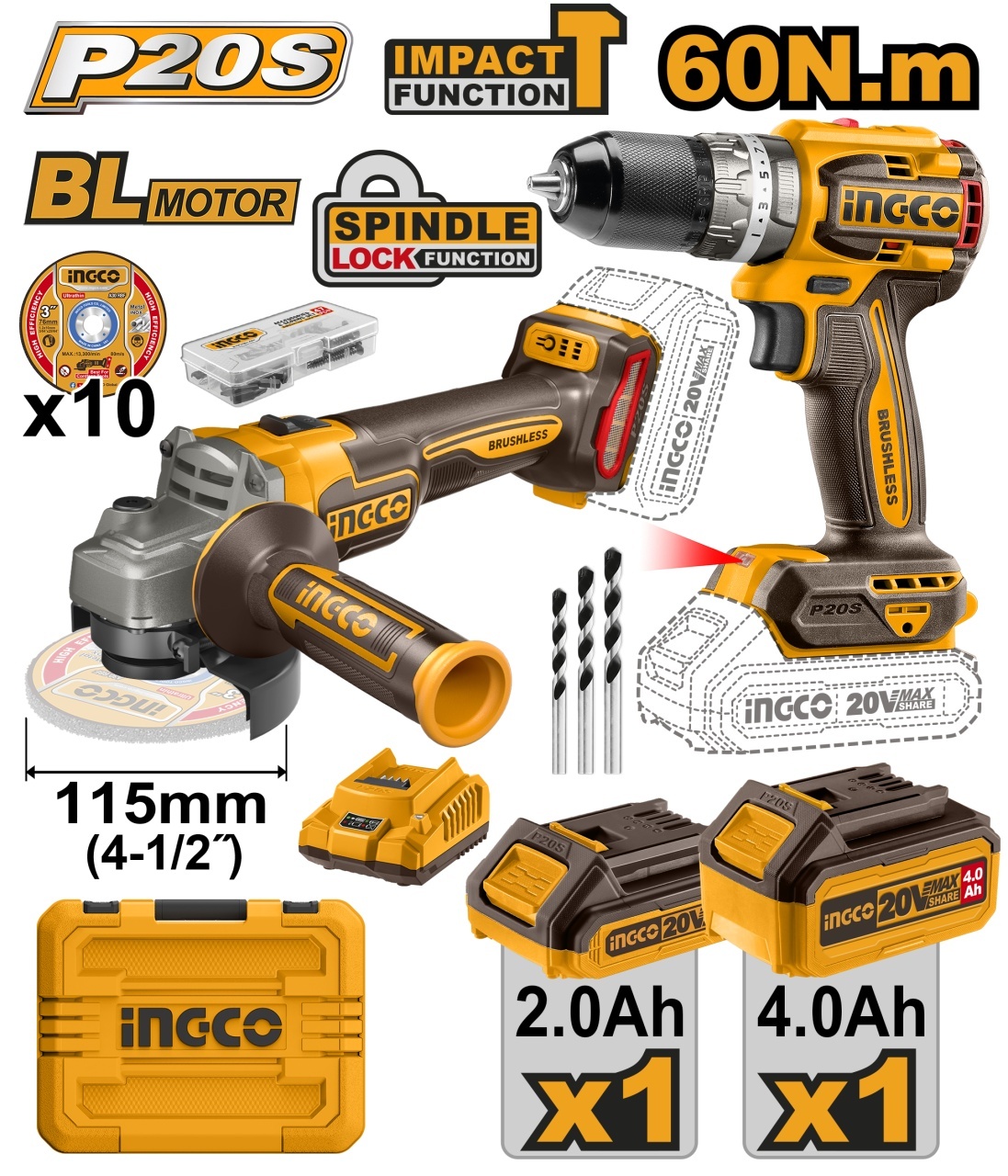 Flex Unghiular cu Bormasina 66Nm Set 2 Acumulatori INGCO CKLI20273E