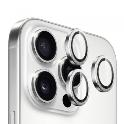 Folie de protectie Camera Spate Blueo Glitter Diamond Metal Frame pentru Apple iPhone 16 Pro Max / 16 Pro, Sticla Securizata, Argintie