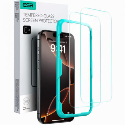 Folie de protectie Ecran ESR pentru Apple iPhone 16 / 15, Sticla Securizata, Full Glue, Set 2 bucati, Neagra