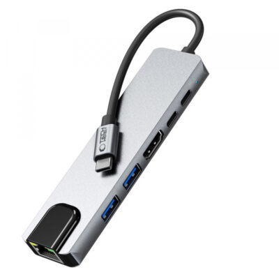 Hub USB-C Tech-Protect HB02, 1 x USB-A 3.0 – 1 x USB-A – 2 x USB-C – 1 x HDMI – 1 x RJ45, Gri