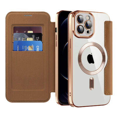 Husa MagSafe pentru Apple iPhone 12 Pro, Techsuit, SmartMag Book, Maro