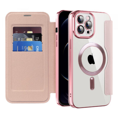 Husa MagSafe pentru Apple iPhone 12 Pro, Techsuit, SmartMag Book, Roz