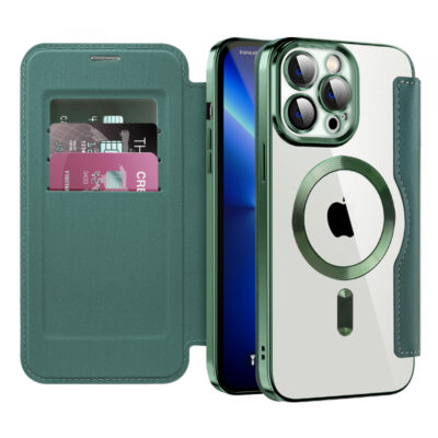Husa MagSafe pentru Apple iPhone 13 Pro Max, Techsuit, SmartMag Book, Verde
