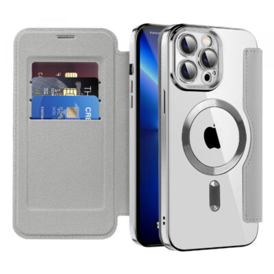Husa MagSafe pentru Apple iPhone 13 Pro, Techsuit, SmartMag Book, Gri