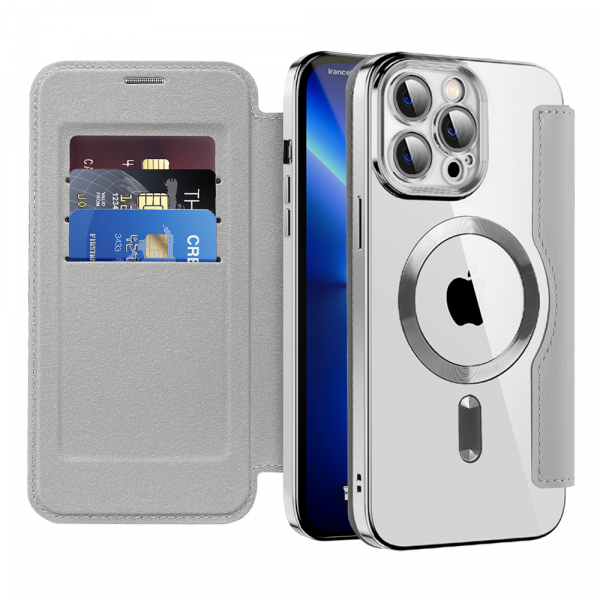 Husa MagSafe pentru Apple iPhone 13 Pro, Techsuit, SmartMag Book, Gri