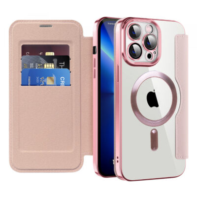 Husa MagSafe pentru Apple iPhone 13 Pro, Techsuit, SmartMag Book, Roz