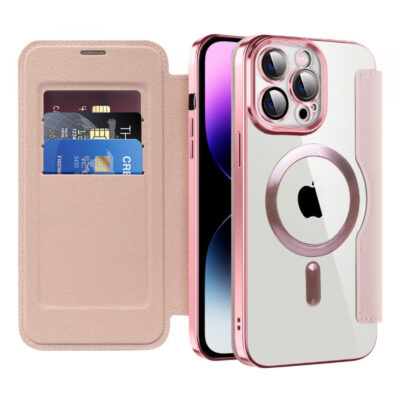 Husa MagSafe pentru Apple iPhone 14 Pro Max, Techsuit, SmartMag Book, Roz