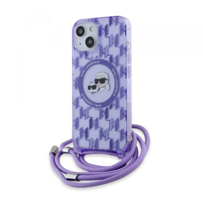 Husa MagSafe pentru Apple iPhone 15, Karl Lagerfeld, IML Crossbody Monogram Karl & Choupette’s Heads, Mov