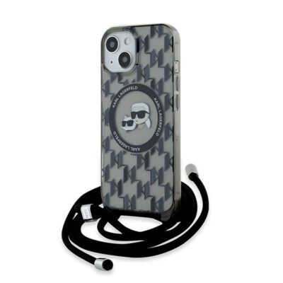Husa MagSafe pentru Apple iPhone 15, Karl Lagerfeld, IML Crossbody Monogram Karl & Choupette’s Heads, Neagra