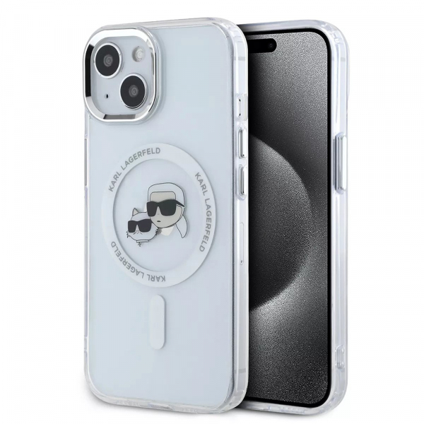Husa MagSafe pentru Apple iPhone 15, Karl Lagerfeld, IML Metal Karl & Choupette’s Heads, Alba