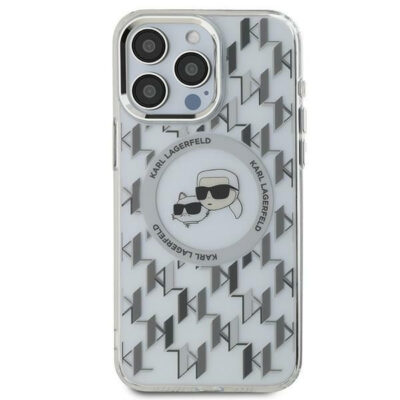 Husa MagSafe pentru Apple iPhone 15, Karl Lagerfeld, IML Monogram Karl & Choupette’s Heads, Transparenta