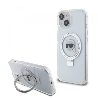 Husa MagSafe pentru Apple iPhone 15, Karl Lagerfeld, Ring Stand Karl’s Head, Alba