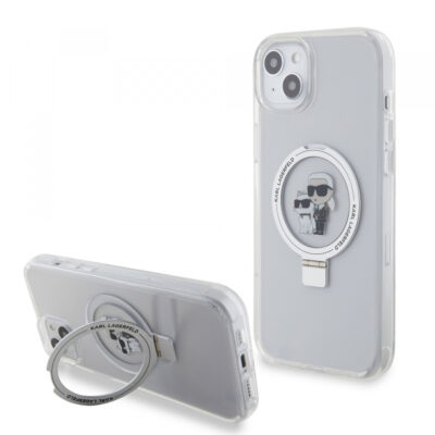 Husa MagSafe pentru Apple iPhone 15 Plus, Karl Lagerfeld, Ringstand Karl and Choupette, Alba