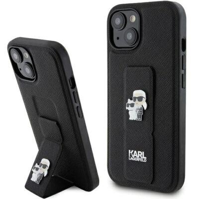 Husa MagSafe pentru Apple iPhone 15, Karl Lagerfeld, Saffiano Gripstand Karl & Choupette, Neagra