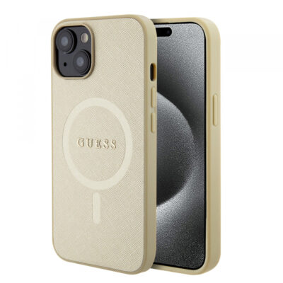 Husa MagSafe pentru Apple iPhone 15 Plus, Guess, Saffiano, Aurie