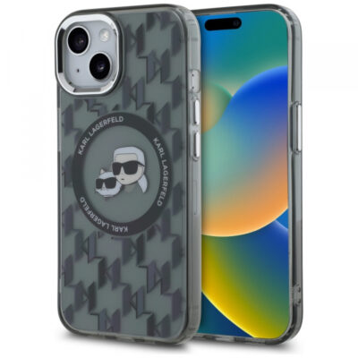 Husa MagSafe pentru Apple iPhone 15 Plus, Karl Lagerfeld, IML Monogram Karl & Choupette’s Heads, Neagra