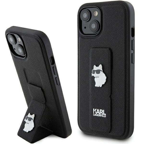 Husa MagSafe pentru Apple iPhone 15 Plus, Karl Lagerfeld, Saffiano Gripstand Choupette, Neagra