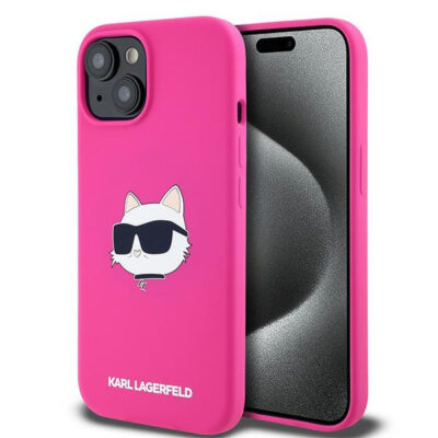 Husa MagSafe pentru Apple iPhone 15 Plus, Karl Lagerfeld, Silicone Choupette’s Head, Fucsia