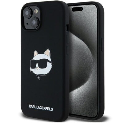 Husa MagSafe pentru Apple iPhone 15 Plus, Karl Lagerfeld, Silicone Choupette’s Head, Neagra