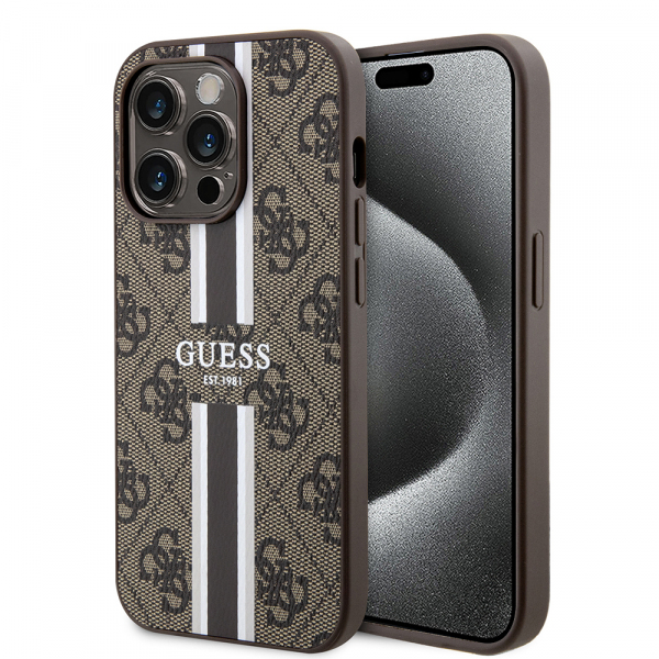 Husa MagSafe pentru Apple iPhone 15 Pro, Guess, 4G Printed Stripes, Maro