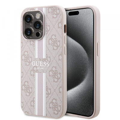 Husa MagSafe pentru Apple iPhone 15 Pro, Guess, 4G Printed Stripes, Roz