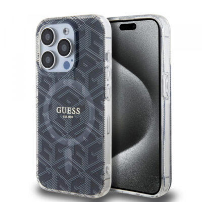 Husa MagSafe pentru Apple iPhone 15 Pro, Guess, IML Gcube, Neagra