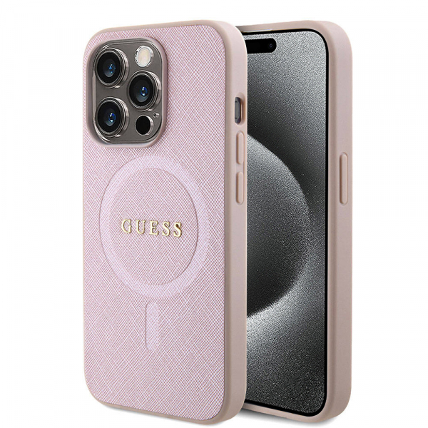 Husa MagSafe pentru Apple iPhone 15 Pro, Guess, Saffiano, Roz