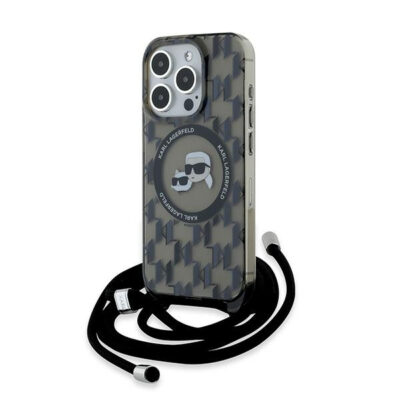 Husa MagSafe pentru Apple iPhone 15 Pro, Karl Lagerfeld, IML Crossbody Monogram Karl & Choupette’s Heads, Neagra