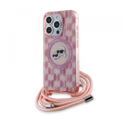 Husa MagSafe pentru Apple iPhone 15 Pro, Karl Lagerfeld, IML Crossbody Monogram Karl & Choupette’s Heads, Roz