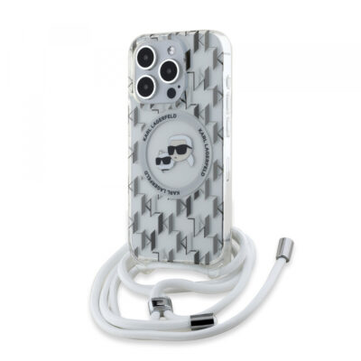 Husa MagSafe pentru Apple iPhone 15 Pro, Karl Lagerfeld, IML Crossbody Monogram Karl & Choupette’s Heads, Transparenta