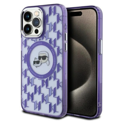 Husa MagSafe pentru Apple iPhone 15 Pro, Karl Lagerfeld, IML Monogram Karl & Choupette’s Heads, Mov