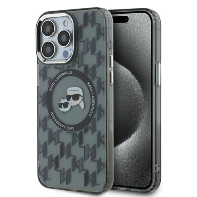 Husa MagSafe pentru Apple iPhone 15 Pro, Karl Lagerfeld, IML Monogram Karl & Choupette’s Heads, Neagra