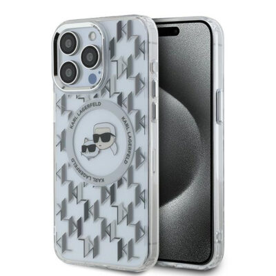 Husa MagSafe pentru Apple iPhone 15 Pro, Karl Lagerfeld, IML Monogram Karl & Choupette’s Heads, Transparenta