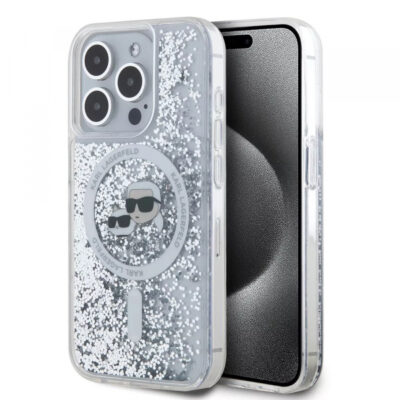 Husa MagSafe pentru Apple iPhone 15 Pro, Karl Lagerfeld, Liquid Glitter Karl & Choupette’s Heads, Transparenta