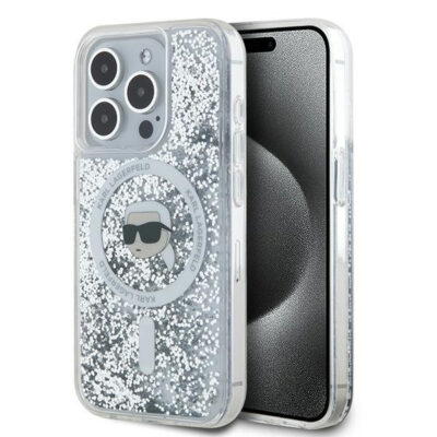 Husa MagSafe pentru Apple iPhone 15 Pro, Karl Lagerfeld, Liquid Glitter Karl’s Head, Transparenta