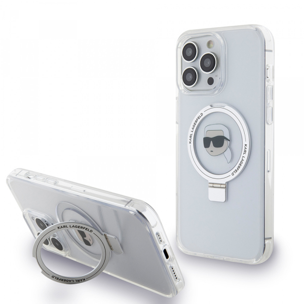 Husa MagSafe pentru Apple iPhone 15 Pro, Karl Lagerfeld, Ring Stand Karl’s Head, Alba