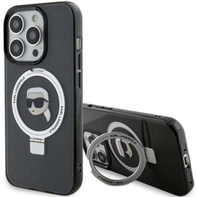 Husa MagSafe pentru Apple iPhone 15 Pro, Karl Lagerfeld, Ring Stand Karl’s Head, Neagra