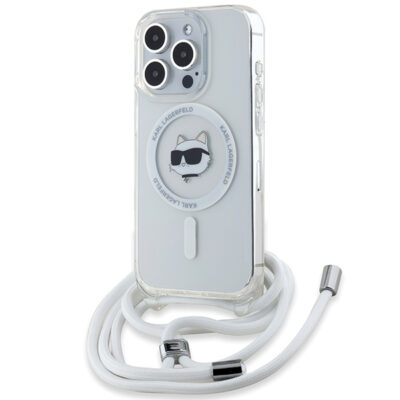 Husa MagSafe pentru Apple iPhone 15 Pro Max, Karl Lagerfeld, IML Crossbody Choupette’s Head with Strap, Transparenta