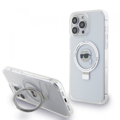 Husa MagSafe pentru Apple iPhone 15 Pro Max, Karl Lagerfeld, Ring Stand Karl’s Head, Alba